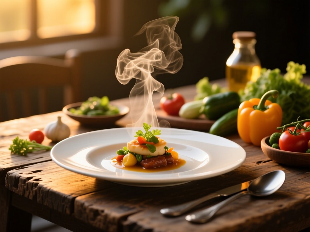 A perfectly plated dish on a rustic table during golden hour, steam rising, surrounded by fresh ingredients symbolizing complete culinary presentation, warm lighting, no people.