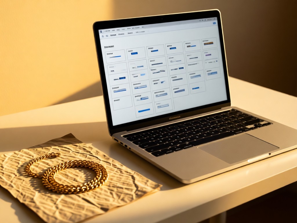 A minimalist desk with a sleek laptop open to a clean link grid interface. Beside it, a delicate gold chain lies coiled on textured paper. Golden hour light. No people.