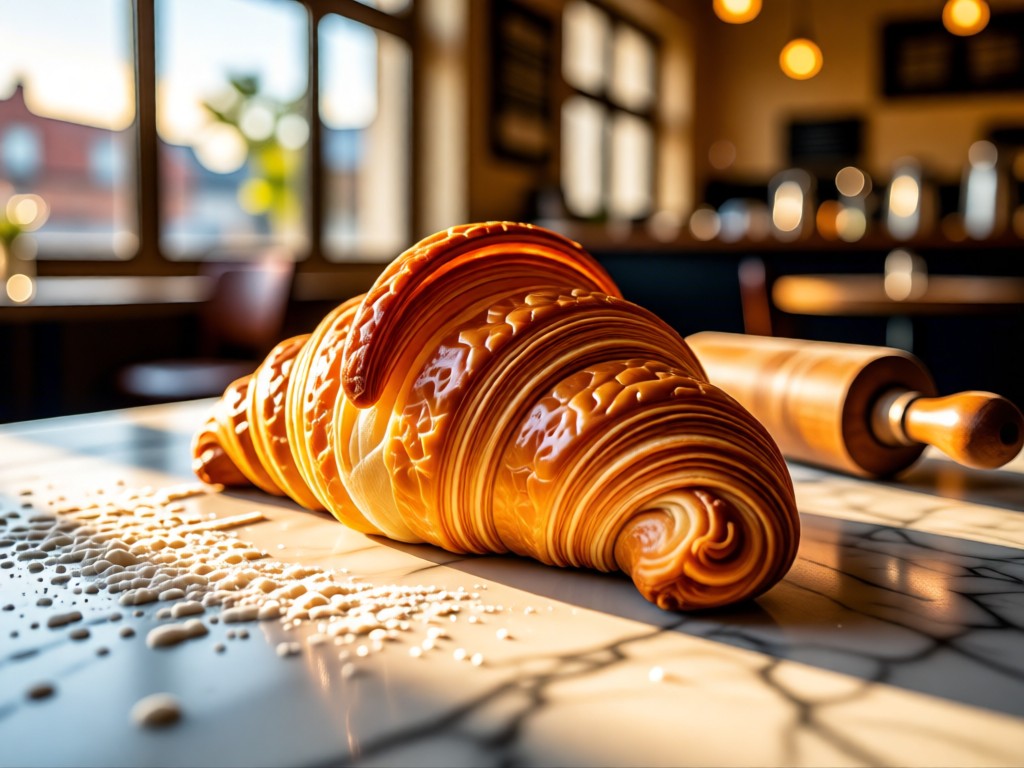 Close-up of a perfect croissant on a marble counter, layers visibly flaky. Soft morning light through café windows illuminates scattered flour and a vintage rolling pin. Warm golden tones. No people.