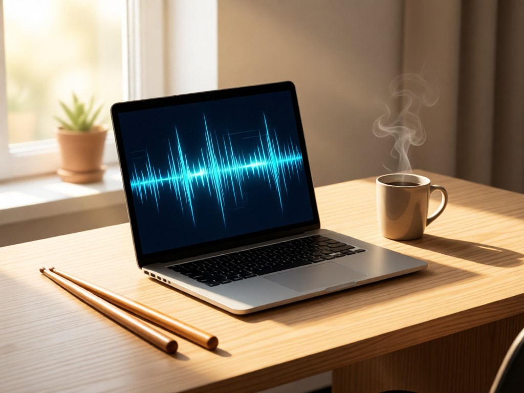 Minimalist desk with open laptop showing clean audio waveform. Vintage drumsticks and coffee mug beside it in soft afternoon sun. Focus on rhythm technology.