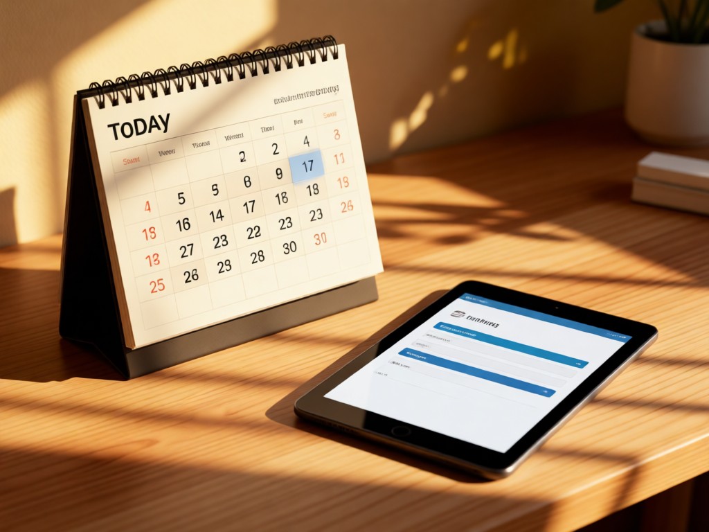 A stylish desk calendar open to today's date, next to a sleek tablet showing a simple booking interface. Warm afternoon shadows. No people.