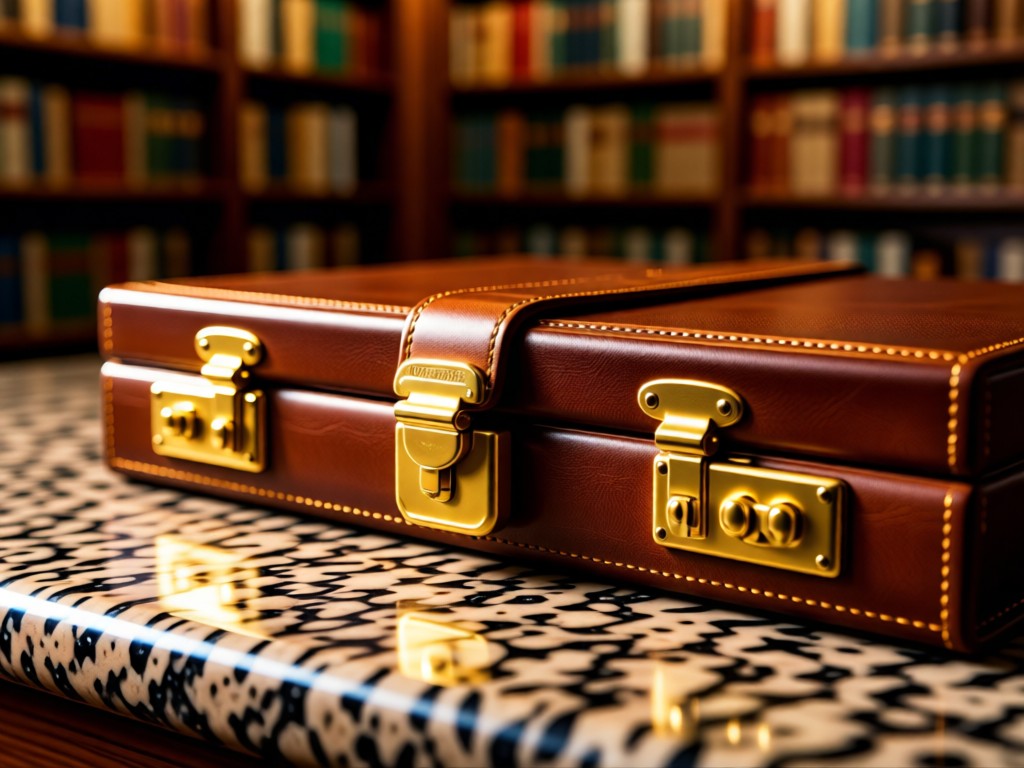 A close-up of a locked leather document folio on a granite surface. Golden light highlights its brass clasps. Blurred bookshelves suggest archives. No people.