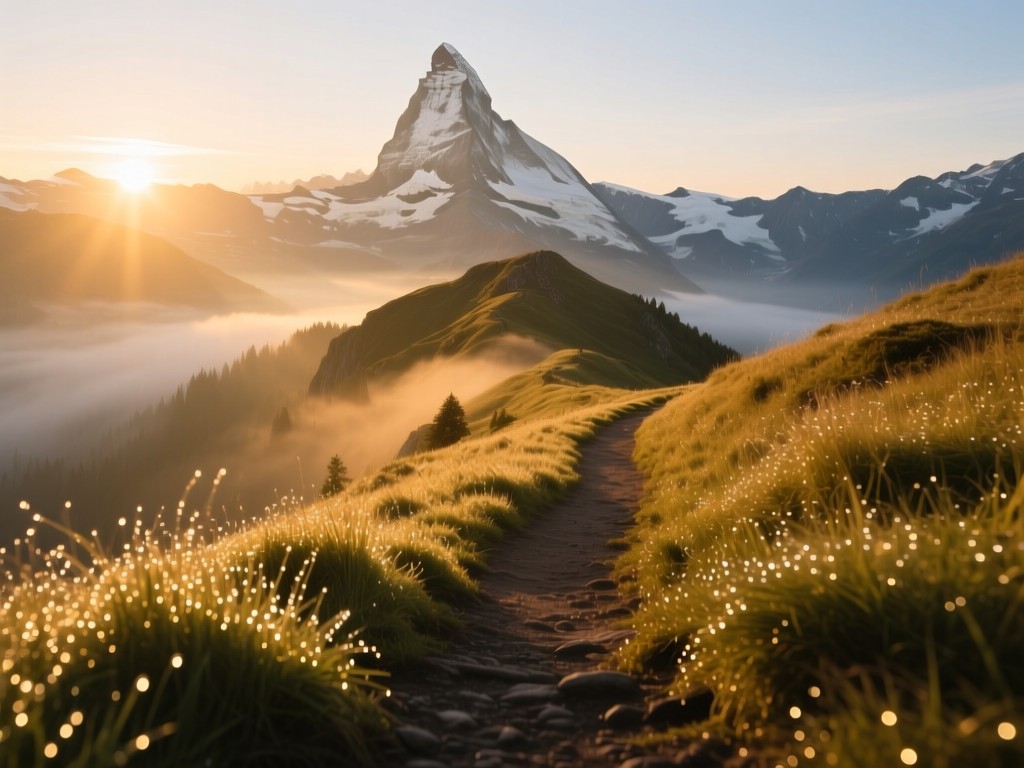 A clear mountain path at sunrise with peak visible in distance, symbolizing achievement and visibility, golden light on dew-covered grass, soft mist, natural color palette, no human figures.