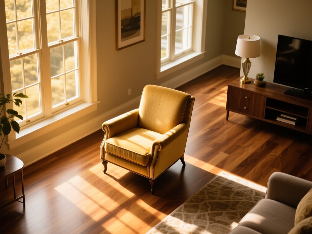 Aerial view of a perfectly styled living room setting. A signature armchair anchors the composition. Golden light streams through large windows onto wood floors. No people.
