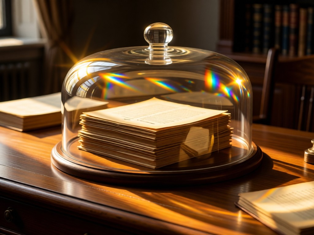 A glass cloche covering stacked manuscripts on a wooden desk. Golden light creates prism effects through the glass. Soft shadows enhance texture. No people.
