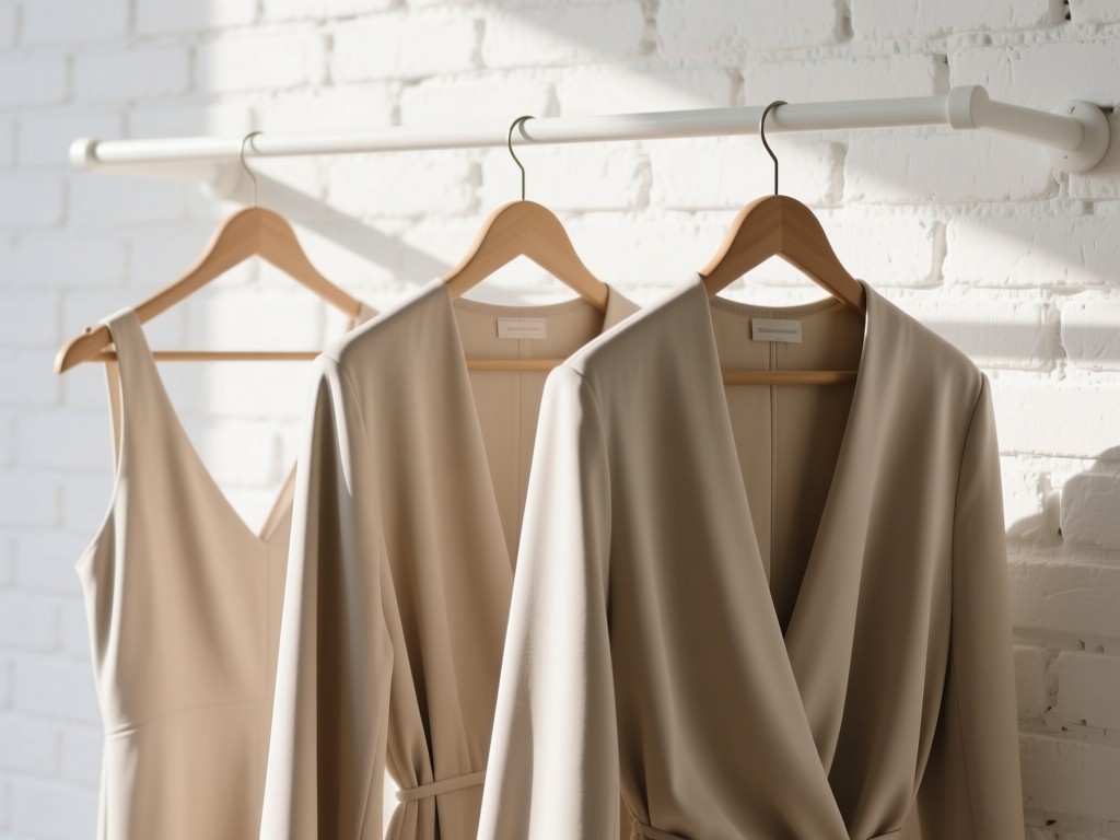 A minimalist clothing rack displaying three elegant garments against a white brick wall. Soft daylight creates gentle folds in the fabrics. Focus on texture and form. No people.