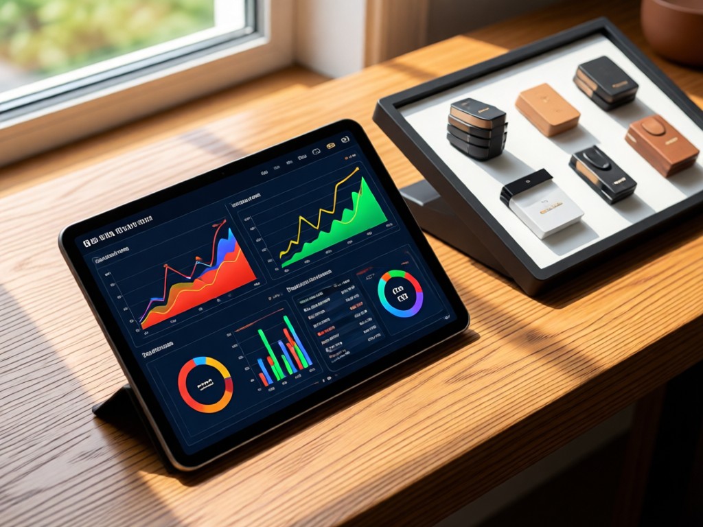 An angled shot of a tablet showing vibrant retail analytics charts beside a curated product display. Natural light highlights textures.