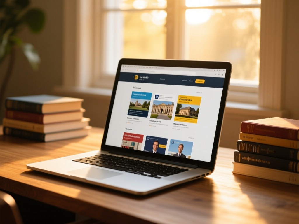 Open laptop on a wooden desk at golden hour, screen displaying a clean academic portfolio with publication thumbnails, soft sunlight through window, books stacked nearby, shallow depth of field, warm tones.