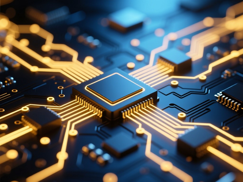 Abstract golden light beams connecting circuit nodes on a dark blue surface, symbolizing data flow and connections, shallow depth of field, warm highlights against cool background, no people.