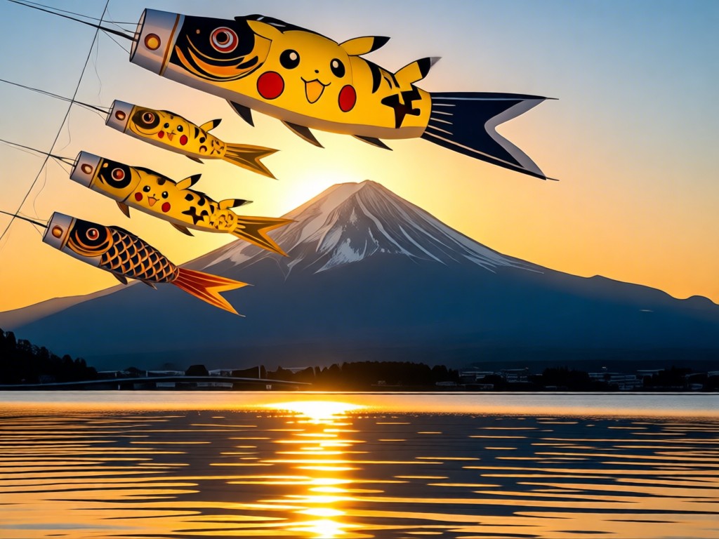 A traditional koinobori carp streamer with Pikachu patterns floating against Mount Fuji's silhouette at dawn. Golden light reflects on water below. Symbolizes cultural fusion. No people.