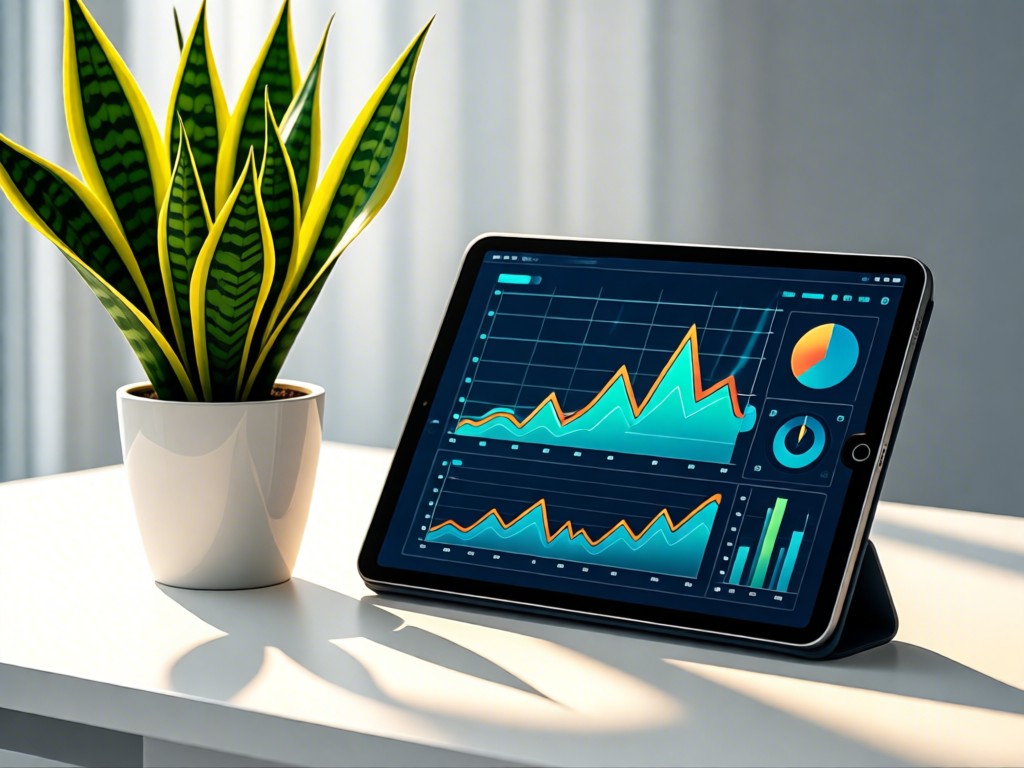 A modern tablet displaying abstract health trend graphs beside a potted snake plant. Sunlight highlights the green leaves against a white desk. Clean and growth-oriented. No people.
