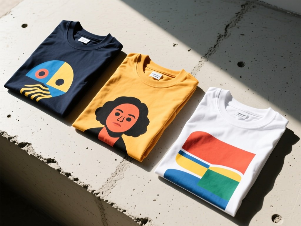 A flat lay of three unfolded tshirts arranged artistically on a light concrete surface. Each shirt features different graphic designs. Natural light highlights the vibrant colors and fabric details. No people.