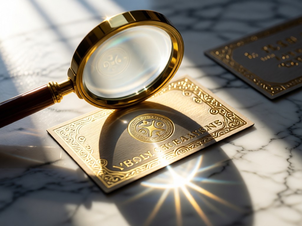 A magnifying glass focusing on exquisite foil-stamped business cards on a marble surface. Sunbeams create sharp light patterns around the focal point.