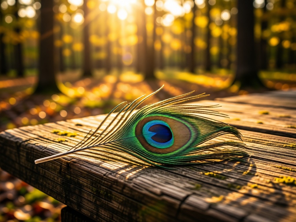 A single peacock feather resting on weathered wood. Sunlight illuminates the intricate eye-spot pattern. Shallow depth of field blurs the background forest. Warm golden tones throughout.