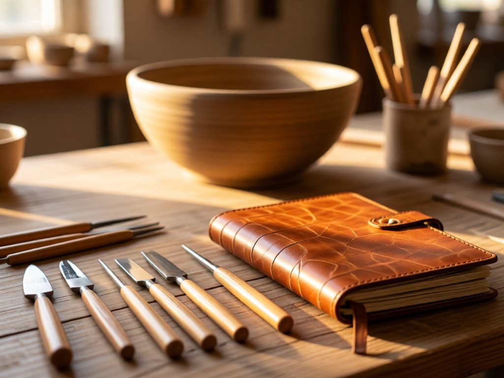 Artisan's workspace with pottery tools arranged neatly beside a leather-bound sketchbook. Soft focus on a half-finished clay bowl in background. Golden hour lighting. No people.