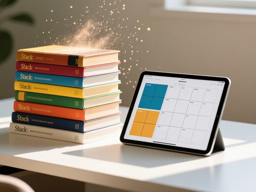 Stacked academic books with colorful spines beside a tablet showing a clean publication grid. Sunlight highlights dust motes above a minimalist desk. No people.