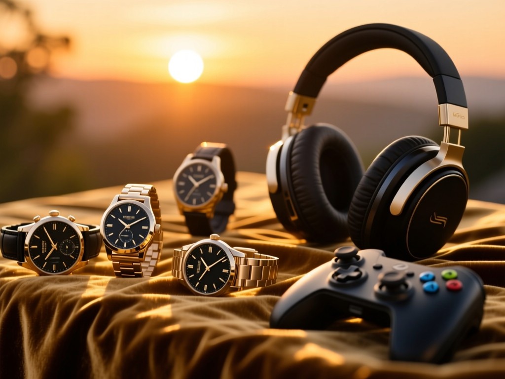 Synchronized watches and gaming headsets arranged on a velvet surface during sunset, golden light creating warm reflections, shallow focus, luxury aesthetic, no text.