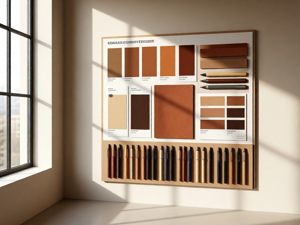 Color swatches and penney samples curated on a designer mood board. Natural light through large windows creates depth. Earthy tones dominate. Simple background. No people.