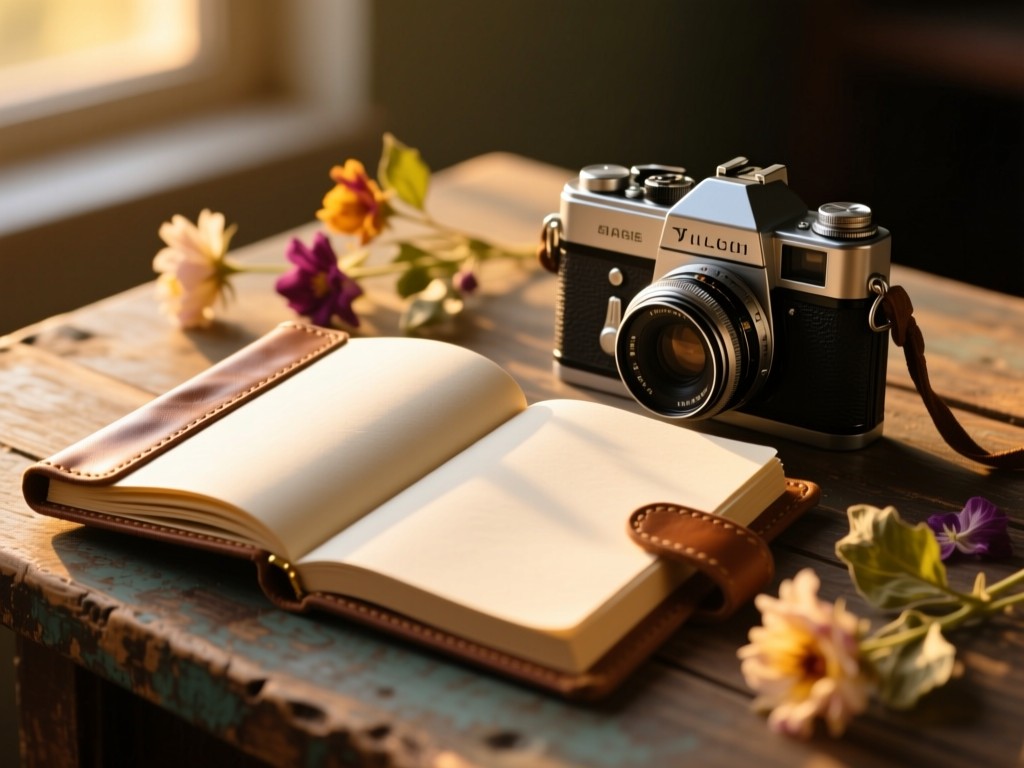 An open leather-bound journal beside a vintage camera and pressed flowers on a rustic desk during golden hour, soft sunlight on empty pages, warm tones, shallow focus, no text.