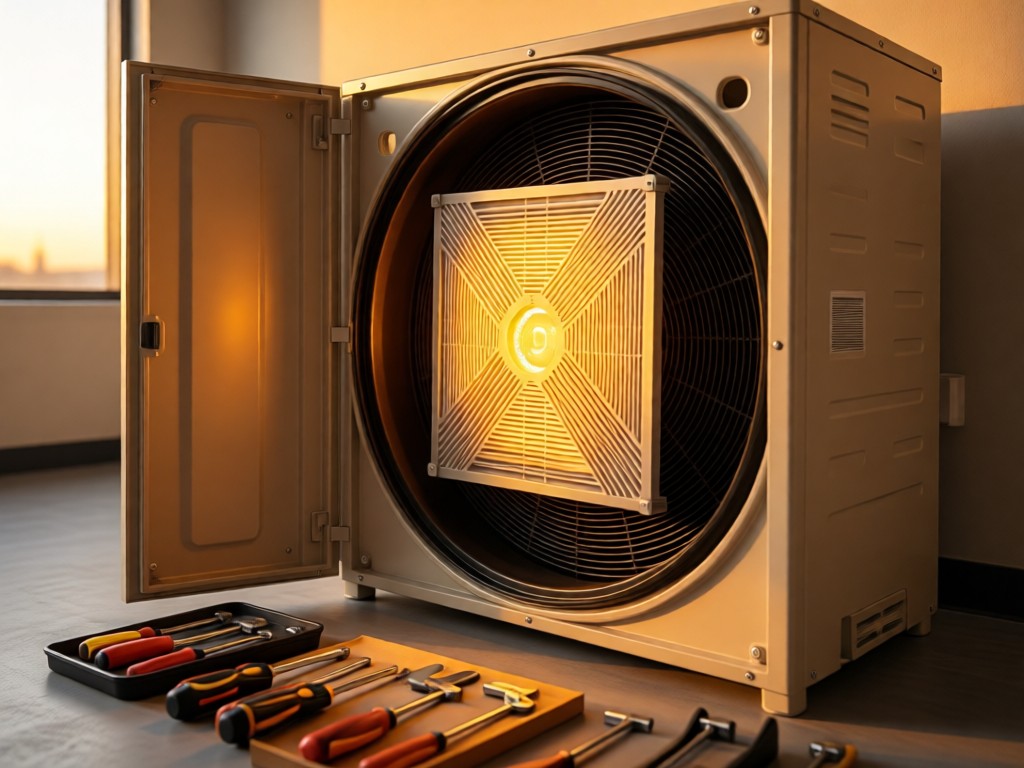 Time-lapse style photo of an air filter installation in a commercial HVAC unit. Golden hour light highlights the transformation. Tools neatly arranged nearby. No people.