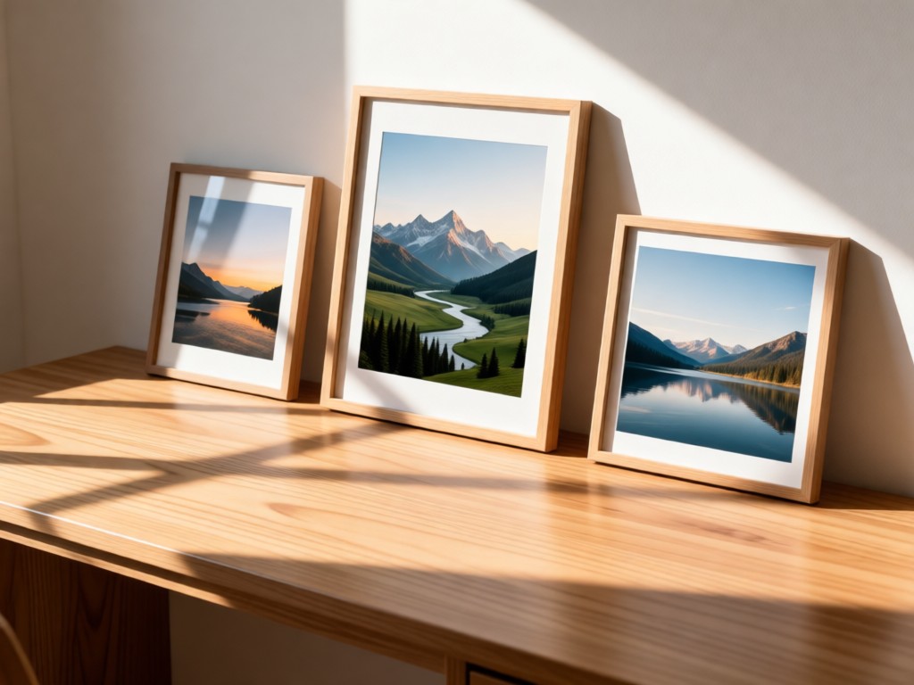 Minimalist desk with three artfully arranged photo frames showcasing different landscape styles. Morning light creates clean shadows on the wood surface. No people.