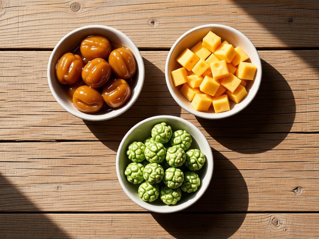 Overhead shot of three small bowls: caramel, cheddar, and matcha popcorn on reclaimed wood. Natural light accentuates colors. Minimalist styling. No people.