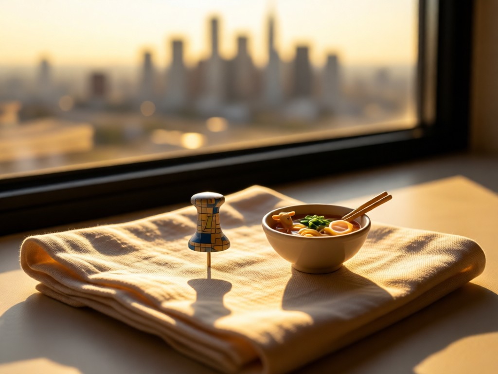 Minimalist map pin resting on folded linen napkin beside a tiny ramen bowl replica. Soft focus on cityscape through window. Golden hour shadows create depth. No people.