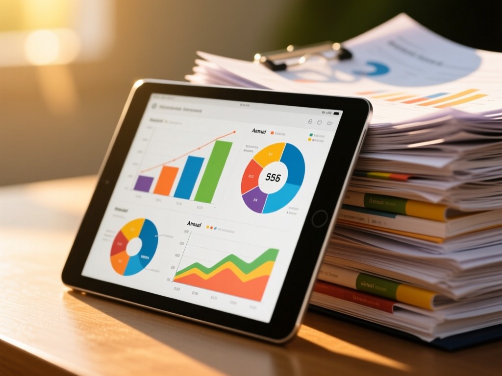 A tablet showing colorful data charts leaning against stacked annual reports. Warm sunlight accentuates the success metrics. No people.