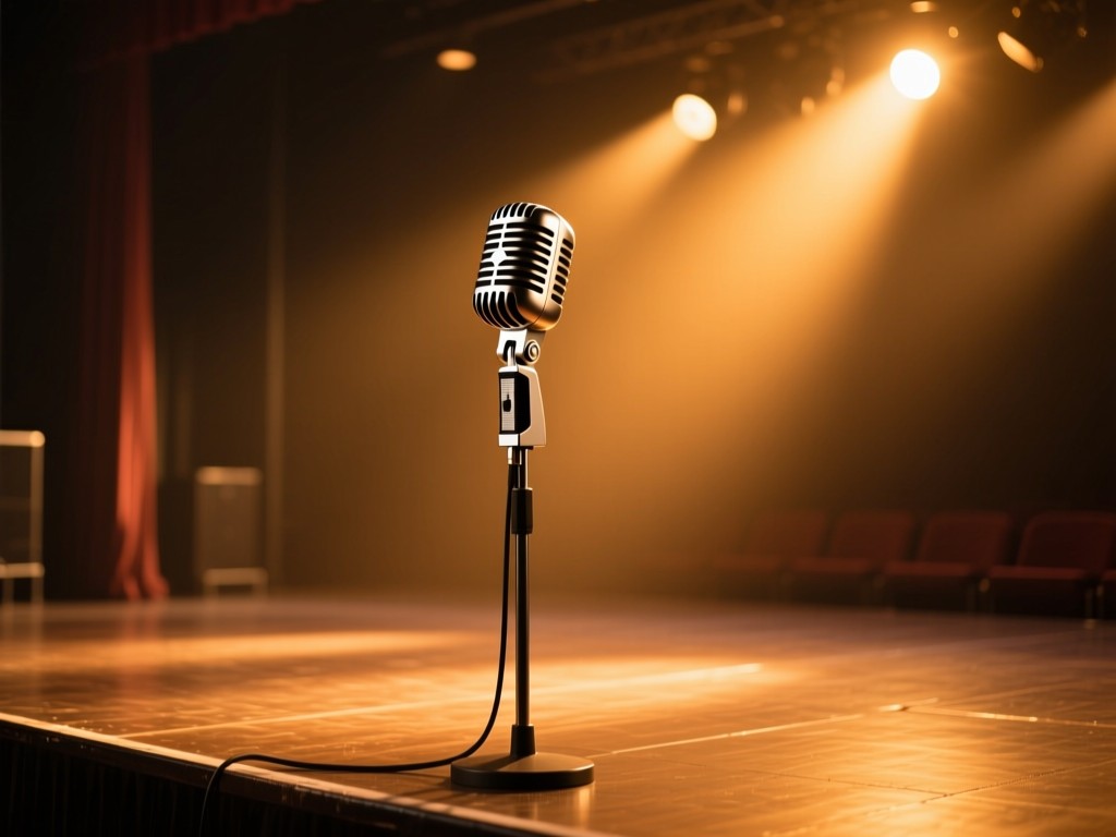A retro microphone spotlighted on an empty stage during golden hour, symbolizing voice and influence, warm amber lighting, dramatic shadows, shallow depth of field, no people or text.