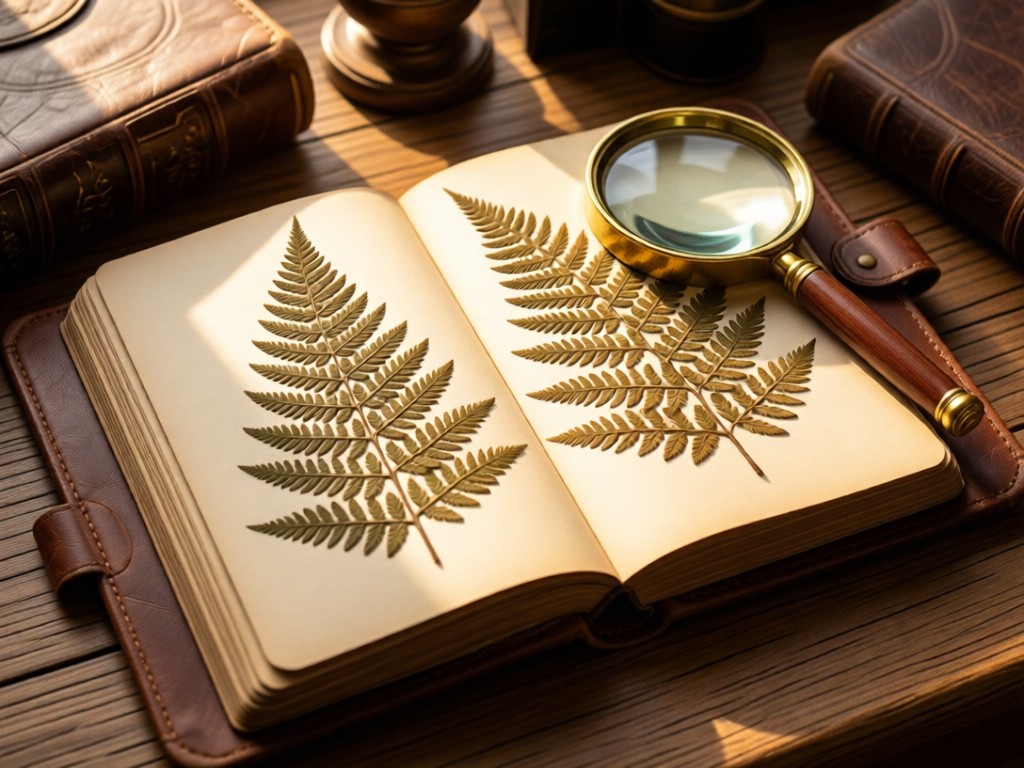 An open leather-bound journal displaying pressed botanical specimens beside a magnifying glass. Morning light illuminates the delicate veins of fern fronds. Earthy tones dominate. No people.