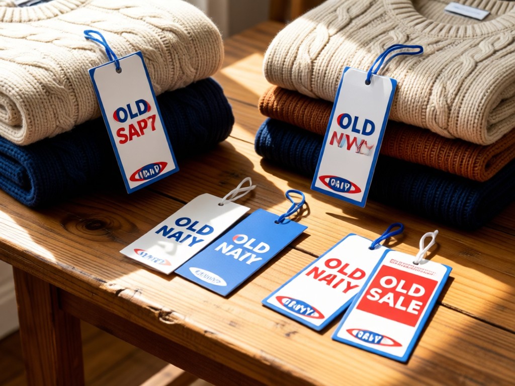 Stylish arrangement of Old Navy sale tags and folded sweaters on a rustic table. Sunlight creates inviting shadows. No people.