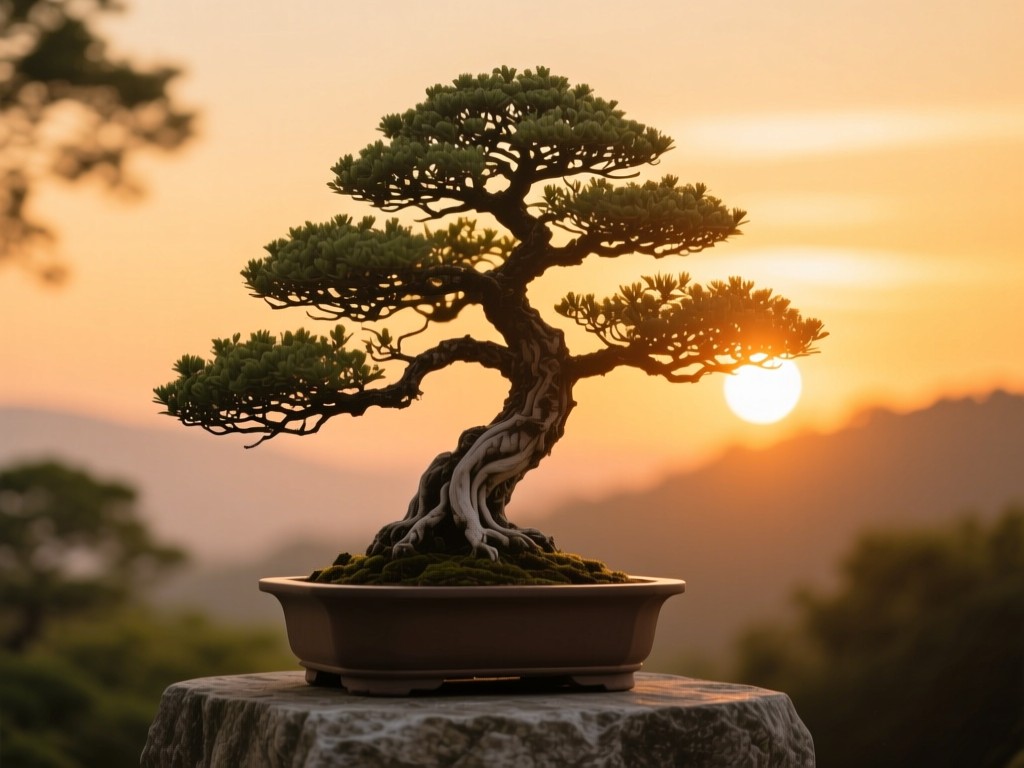 A single thriving bonsai tree on a stone pedestal at golden hour, intricate branches symbolizing career growth, warm sunset backdrop, shallow depth of field, natural textures.