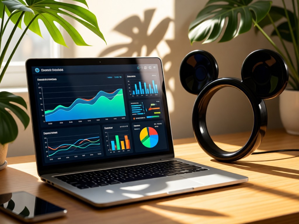 Laptop displaying clean analytics dashboard beside vintage Mickey Mouse ears. Sunlight reflects on the screen, plant leaves creating soft shadows. No people.
