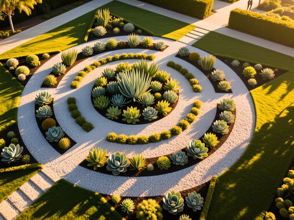 Aerial view of a geometric garden design with concentric gravel circles and succulents. Golden hour light creates dramatic shadows across the structured landscape. Symbolizes organized professionalism. No people.