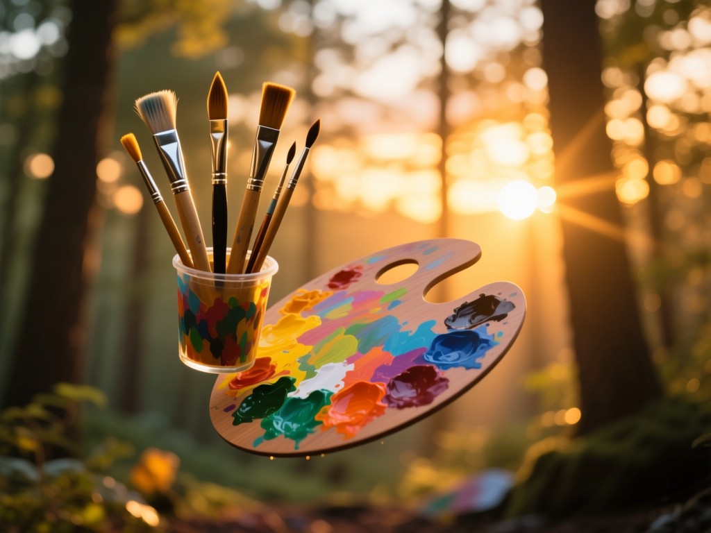 A vibrant paint palette floating mid-air against a blurred forest background at sunset, brushes standing upright in cups, golden light streaming through trees, symbolic of creative possibilities.