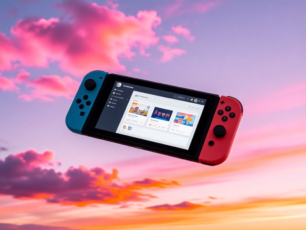 A Nintendo Switch console floating at eye-level against a sunset sky. The screen shows a clean portfolio interface. Clouds glow pink and orange. Minimalist composition with ample negative space.