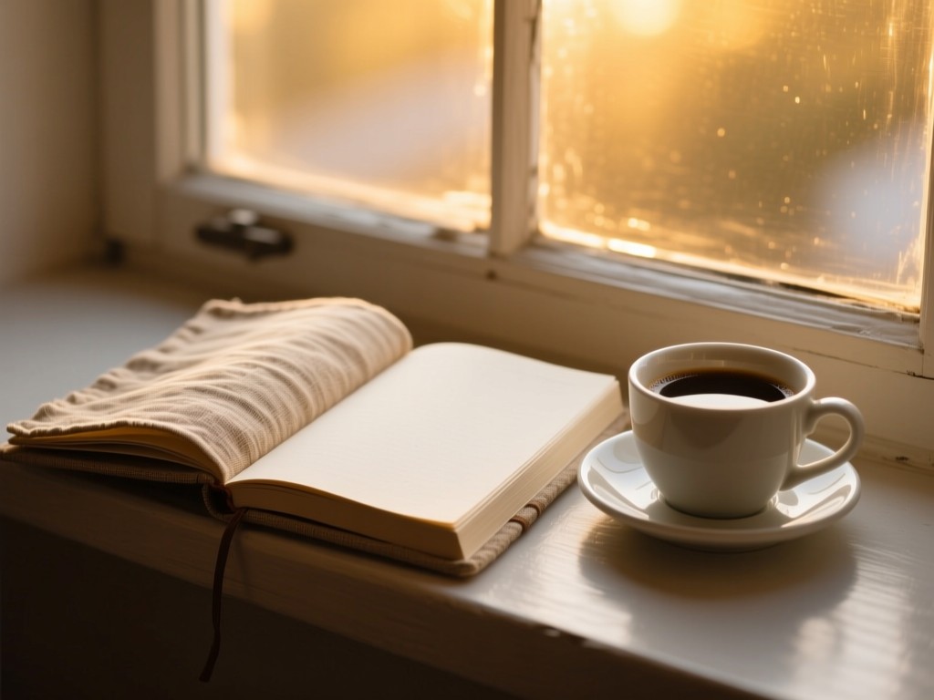 An open linen journal beside a coffee cup on a windowsill during golden hour, soft light illuminating blank pages, textured surfaces, warm natural tones, creative stillness.
