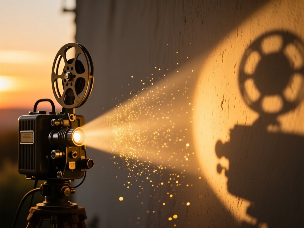 A vintage film projector casting light onto a blank wall during sunset, golden dust particles in the beam, warm cinematic atmosphere, shallow depth of field, no visible text or human elements.