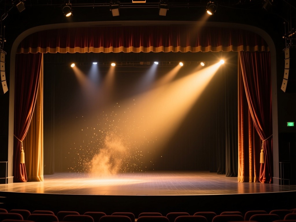 A theater spotlight illuminating an empty stage during golden hour, dust particles visible in the light beam, rich velvet curtains, warm atmospheric lighting, no performers present.