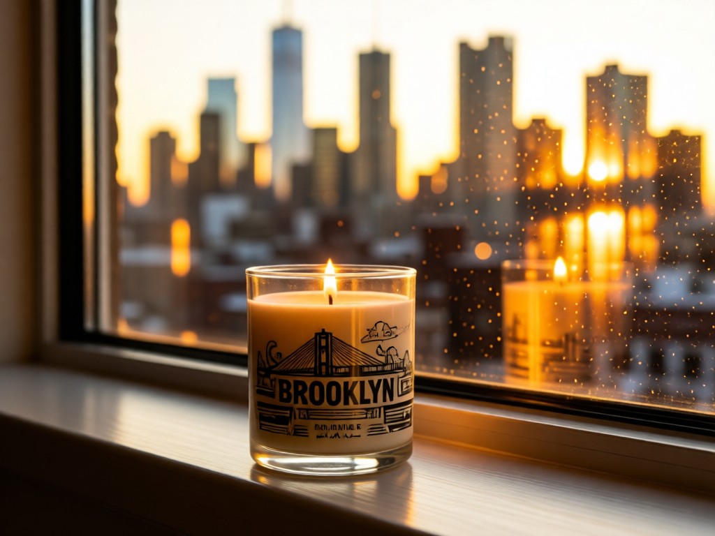 A single Brooklyn-themed candle on sunlit windowsill overlooking blurred NYC skyline. Golden hour rays create warm reflections on glass. Symbolizes local products meeting urban market. No people.