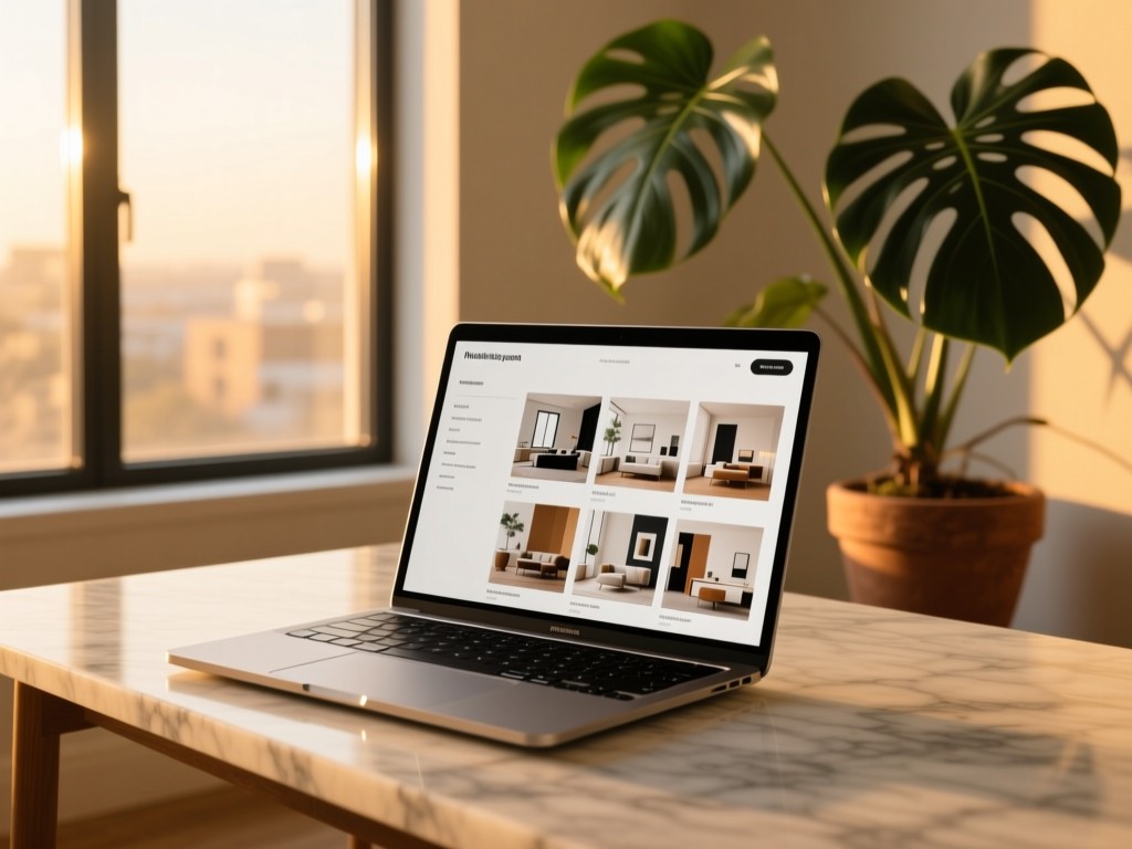 A sleek laptop open on a minimalist marble desk during golden hour, screen displaying an organized interior design portfolio with mood boards, soft sunlight through floor-to-ceiling windows, potted monstera plant in background, warm natural lighting, no visible text.