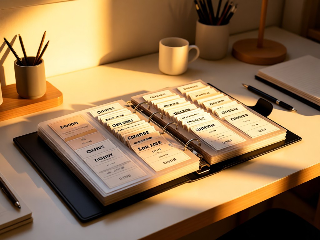 A neatly organized coupon binder open on a desk. Golden hour light illuminates clipped coupons sorted by category. Minimalist desk accessories in background. No people.