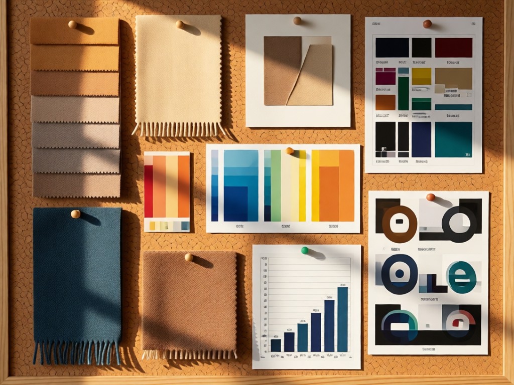 A curated mood board pinned to cork: fabric swatches, gel colors, and light intensity charts. Warm natural light highlights textures. Artistic yet professional arrangement. No people.