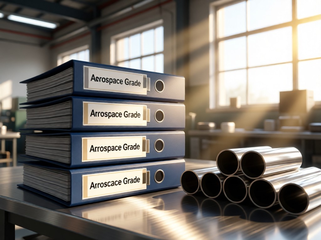 Neatly stacked project binders with 'Aerospace Grade' labels beside polished tube samples. Sunlight streams through factory windows onto brushed aluminum surfaces. No people.