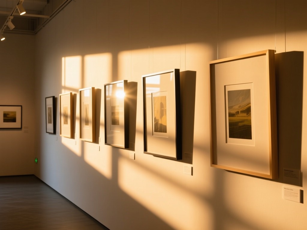 An exhibition wall with floating picture frames in a gallery space during golden hour, sunbeams highlighting empty frames waiting for artwork, warm minimalist aesthetic.