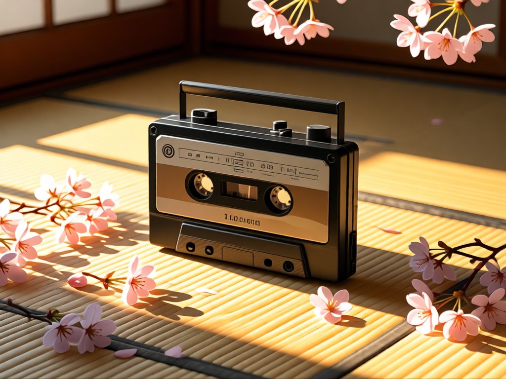 A vintage Japanese cassette player surrounded by cherry blossoms on a tatami mat. Warm afternoon light creates soft shadows. No people.