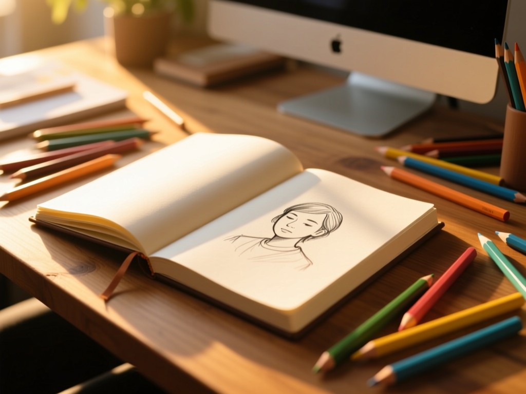 An open sketchbook on a wooden desk during golden hour, surrounded by scattered colored pencils, soft sunlight illuminating blank pages, shallow depth of field, warm natural tones, creative workspace atmosphere.