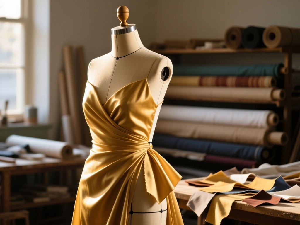 A single dress form in a sunlit atelier, golden light highlighting draped fabric swatches, bolts of material in background, shallow focus, symbolizing craftsmanship, no people.