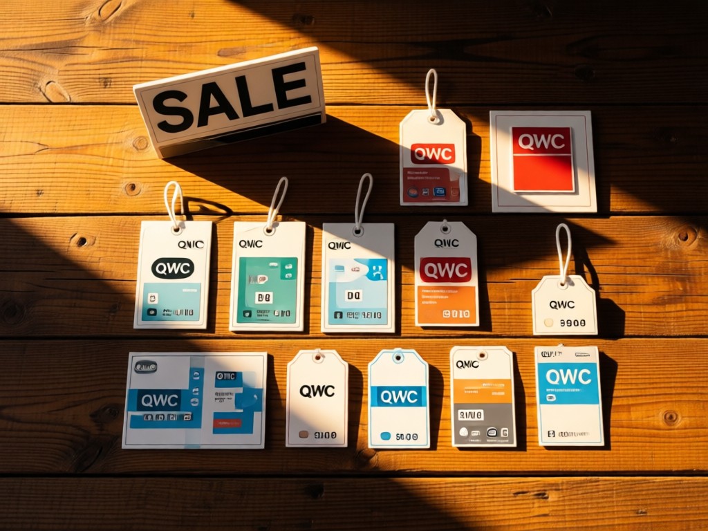 An artistic flat lay of QVC product tags and a 'Sale' sign on rustic wood. Golden hour light creates long shadows. Arrangement suggests smart organization. No people.
