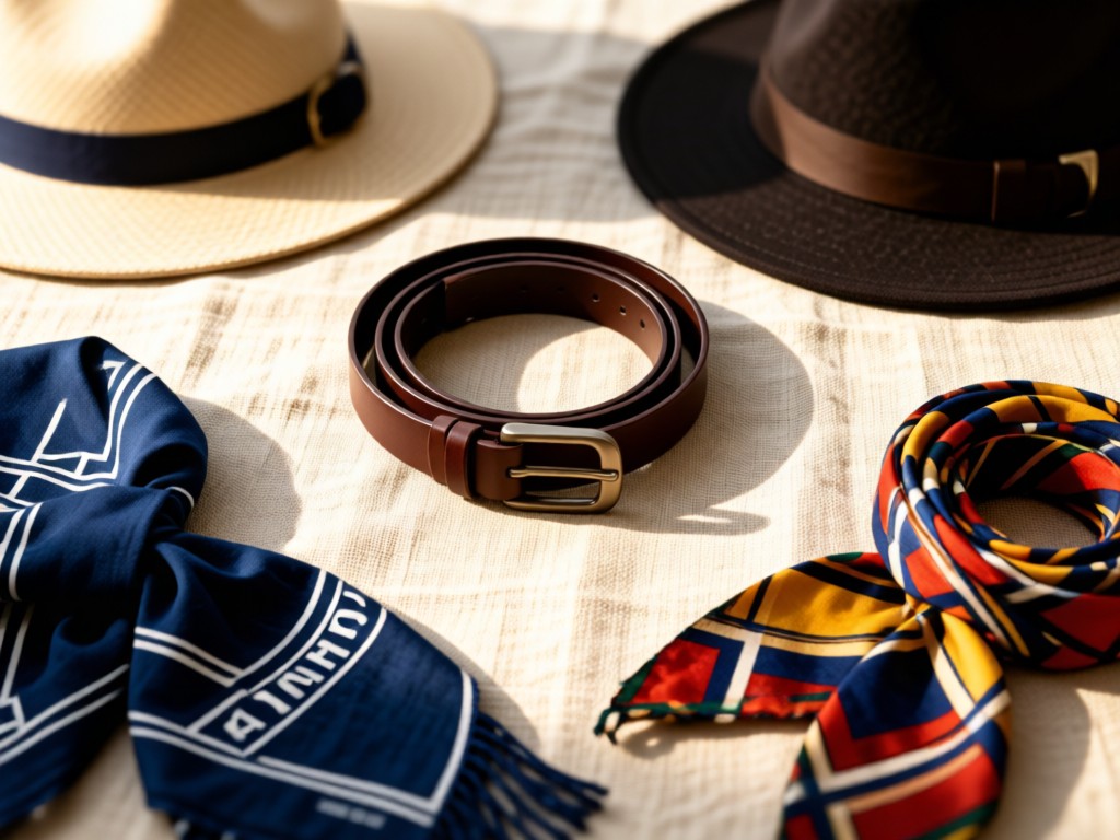 Flat lay of curated Old Navy accessories: belts, hats, and scarves arranged geometrically on textured linen. Morning light creates soft gradients. Shallow depth of field. No people.